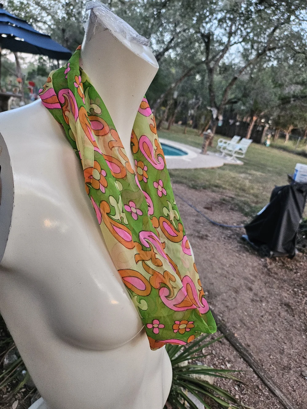 Vintage All Silk Made In Japan Retro Green Pink Floral Paisley Infinity Scarf